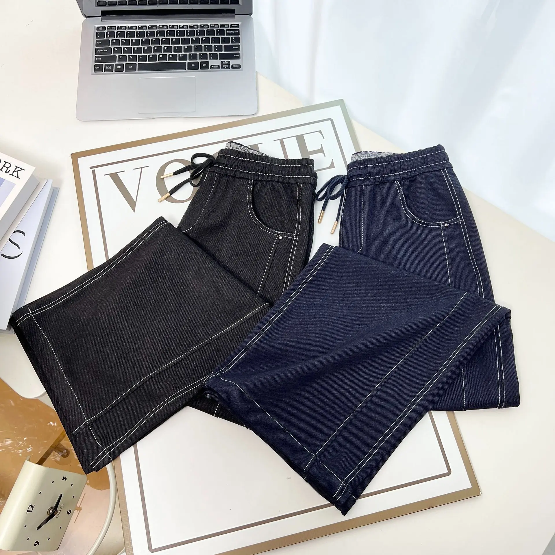 XXXXL Fashion Plus Size Women's Jeans New Autumn 2025 Casual Drawstring Denim Straight Leg Long Pants 26003