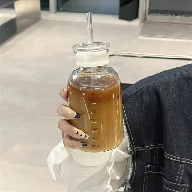 350/750ml Glass Transparent Water Bottles with Lid Straw Time Scale Milk Juice Drink Bottle Travel Coffee Mug Milk Tea Cup 4