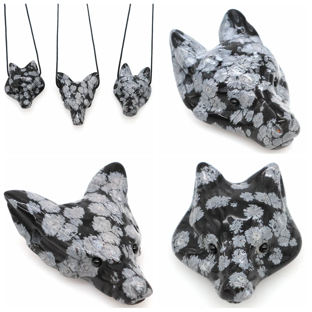 

Natural Stone Snowflake Obsidian Wolf and Fox Head Pendant Healing Crystal Hand Carved Animal Jewelry Necklace Accessories Gift
