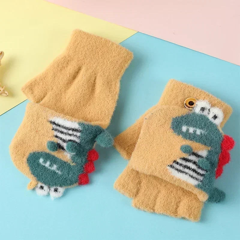 New Kawaii Cartoon Dino Kids Gloves Half Finger Flip Gloves for Boys Girls Children Winter Warmth Writing Gloves 3-6T 3