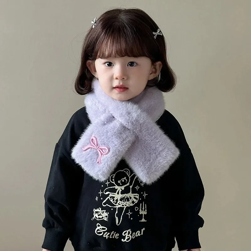 Embroidered Bow Baby Plush Scarf Winter Warm Children Neckerchiefs Korean Kids Cross Neck Covers Sweet Girl Fur Collars
