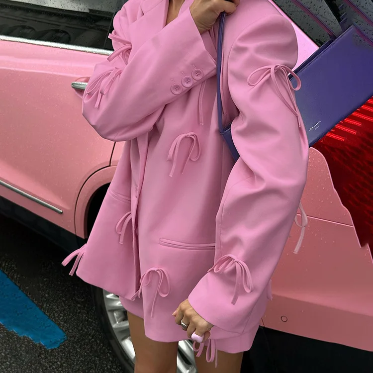 Fashion Luxury Suit Outwear For Women Lace-Up Patchwork Pocket Loose Long Sleeve Cardigan Streetwear Female Solid Coat New