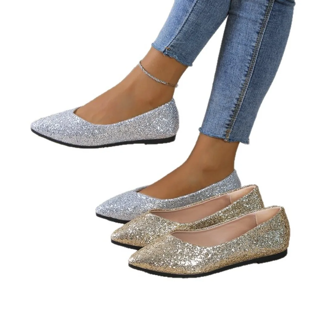 Women's Pointed Toe Flat Ballet Shoes Classic Fashion Sequined Casual Comfortable Autumn New 2025 Zapatos De Mujer