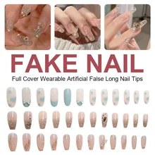 

Fake Nail Tips Press on Nails With Butterfly Bowknot Full Cover Wearable Artificial False Long Nail Tips For Valentine's Day