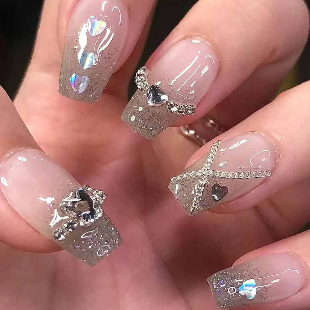 24 Pcs Short Coffin Press On Nails with Rhinestone