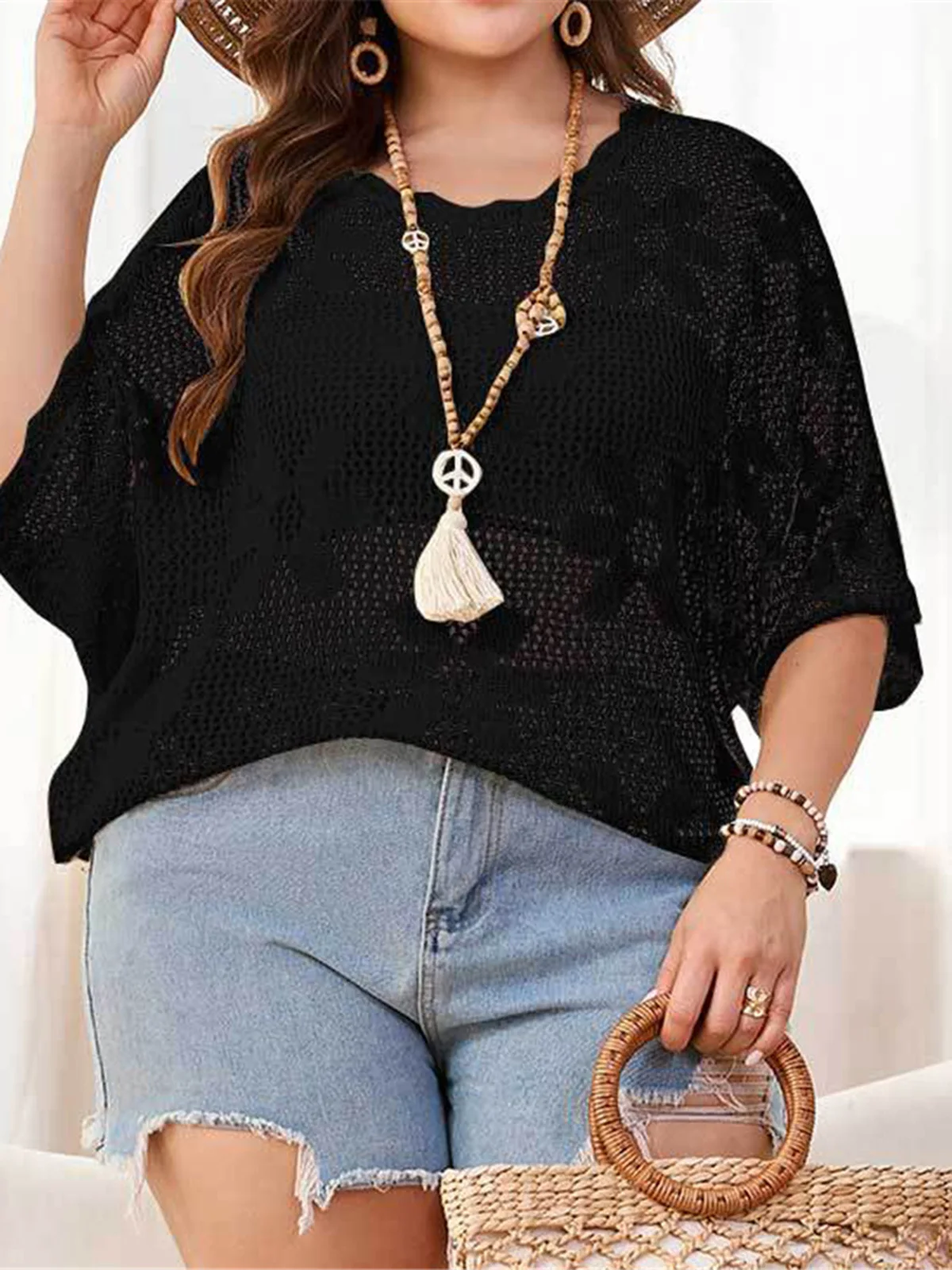 1XL - 4XL Cover-ups Beach Dress Beach Wear Beachwear Female Women Half Sleeve Solid Crochet Knitted Tunic Beach Cover Up V8285 3