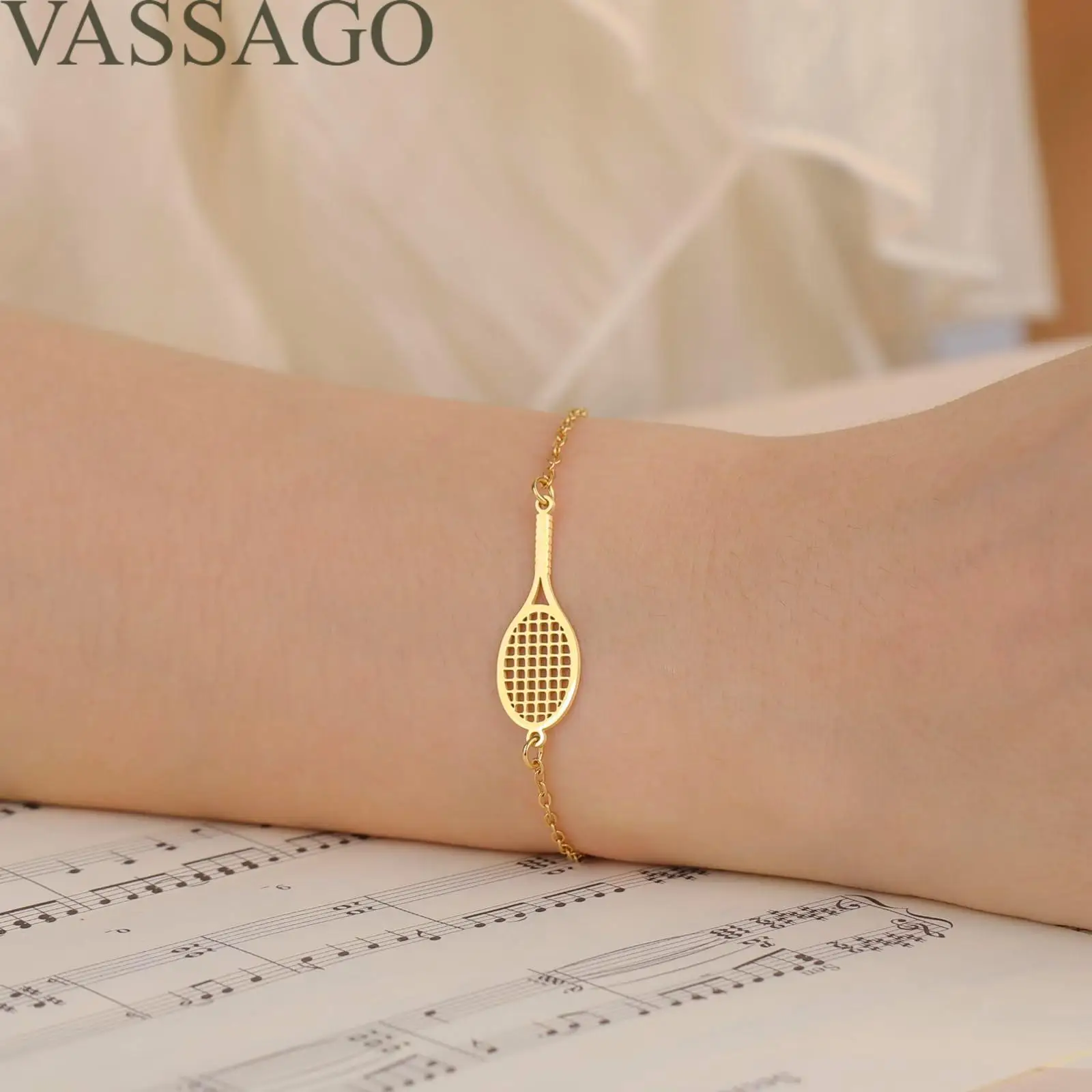 VASSAGO Tennis Racket Bracelet Dainty Adjustable Tennis Racket Charm Layering Sport Bangle Bracelet Lover Jewelry Tennis Gifts 6