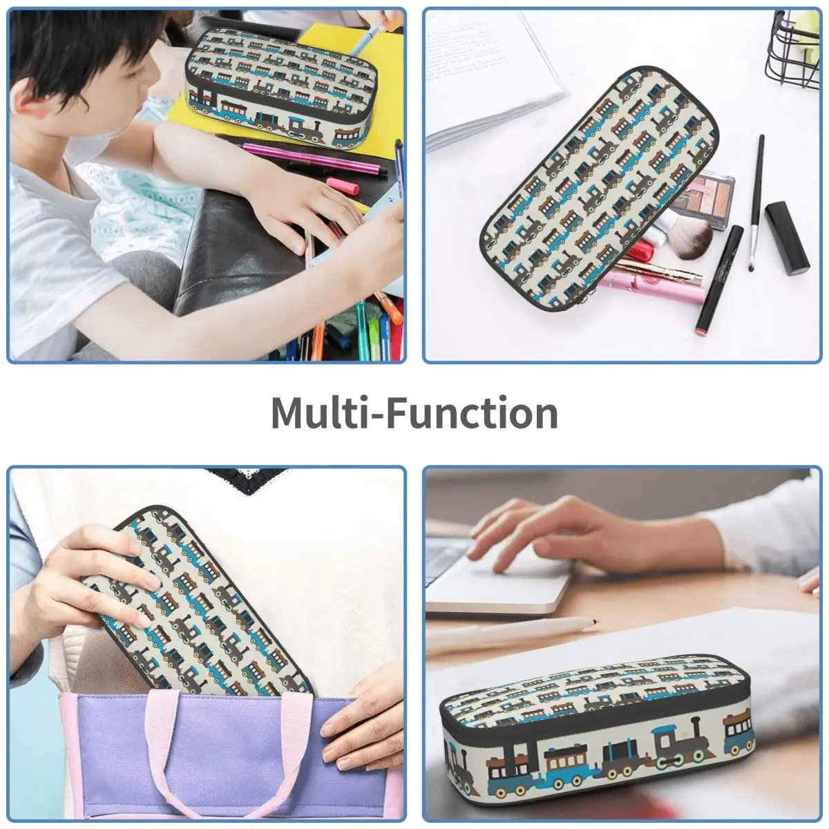 Blue And Brown Wooden Toy Train Pencil Cases Large Storage Pen Bags Pen Box Pencil Pouch For Boys Girls Students School Office