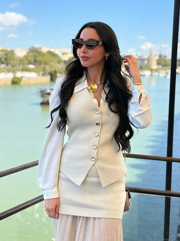 HH Women Fashion Knitted Vest Skirts Sets Single-Breasted V Neck Vests Tops Folded Splicing Midi Skirt Office Lady Suits