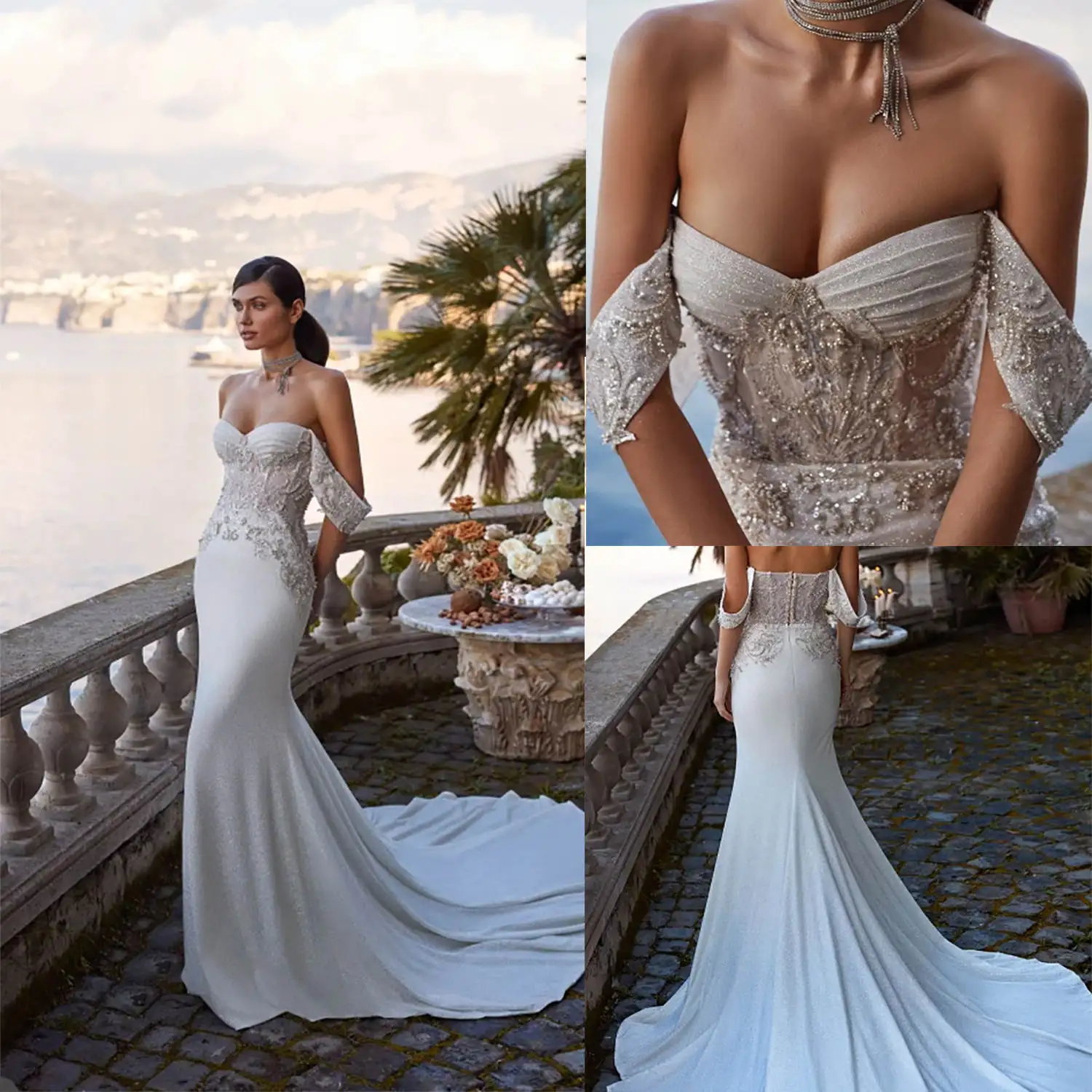 

Vintage Sheath Gown Wedding Dresses Pearls Sequins Lace Bridal Gowns Strapless Big Size Vestidos De Novia Custom Size Colour