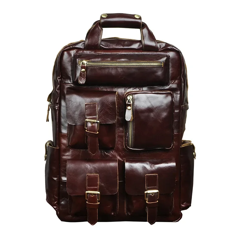 Men Genuine Leather Backpack Knapsack School Bag Large Capacity Laptop Bags Pockets Male Rucksack Travel Daypack