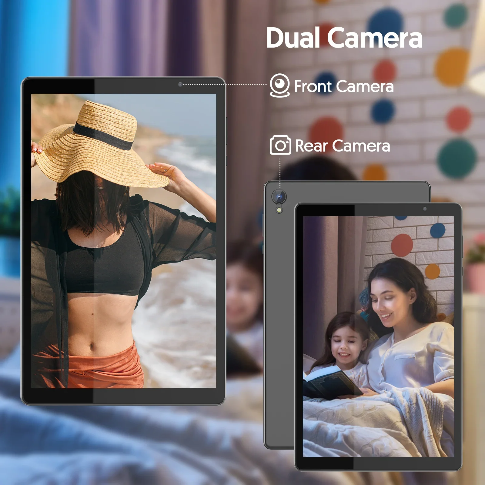 10-inch tablet, Android 14, quad-core processor, 4GB RAM (2GB+2GB expandable), 32GB storage, Wi-Fi, dual cameras, 6000mAh 4