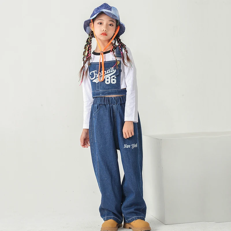 Girls Denim Suit Jazz Dance Costumes Navel Loose Vest Street Dance Wear Children'S Performance Catwalk Hip Hop Clothing DQS9286