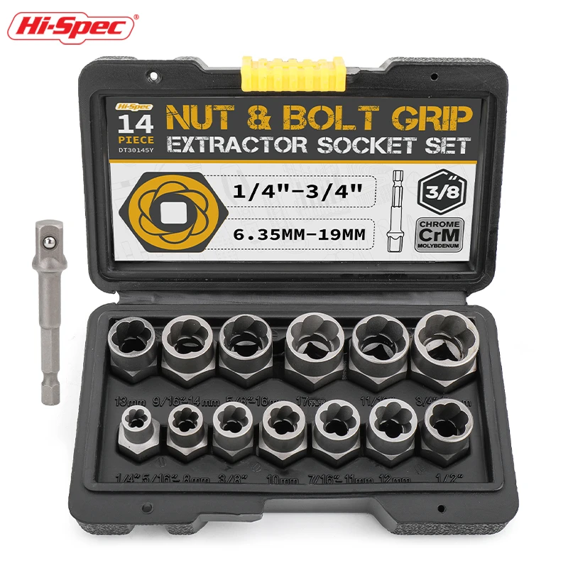 Hi-Spec Damaged Impact Socket Tool Set 14PC Remover Set Bolt Nut Removal Socket Tool 3/8