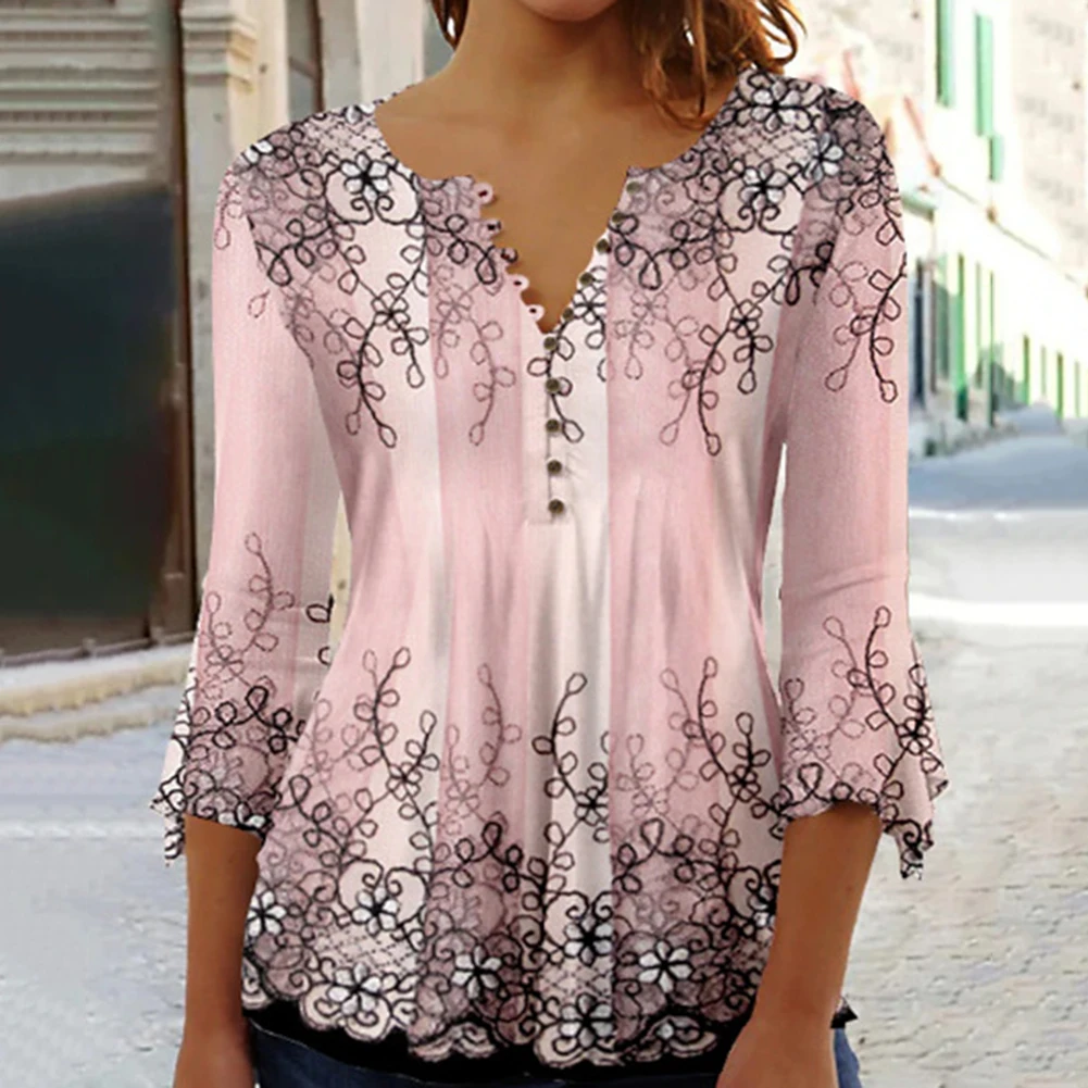 

Women Bohemian Flower Print V-Neck 3/4 Petal Sleeve Button T-Shirt Street Top Clothing Casual Fashion Elegant Lady T-shirt