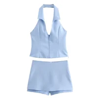 Women Summer 2 Piece Set High Waist Back Pocket Mini Skirts Shorts Sexy V-Neck Sleeveless Backless Suspender Zipper Top - Image 3