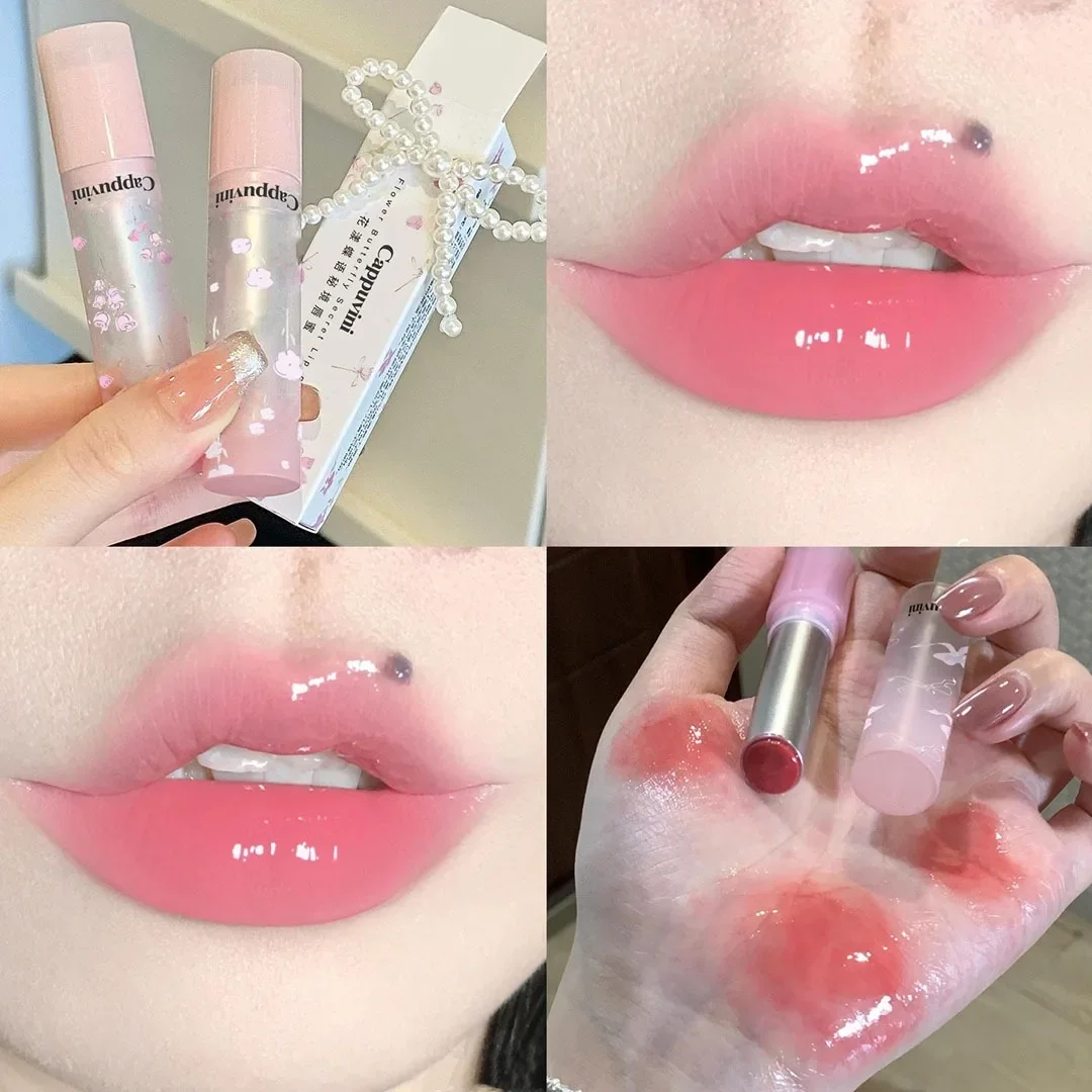 Floral Mirror Glass Solid Lip Gloss Water Light Round Tube Lipstick Clear Oil Jelly Lip Glaze Natural Nude Moisturizing Lip Tint 3