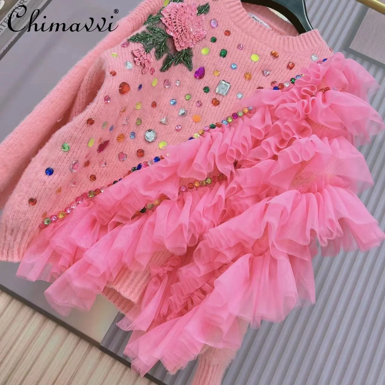 

Thai Designer Fashion Loose Fairy Mesh Full Diamond Knitted Top New Women 2022 Fall Winter Trendy Sweet High-End O-neck Sweater