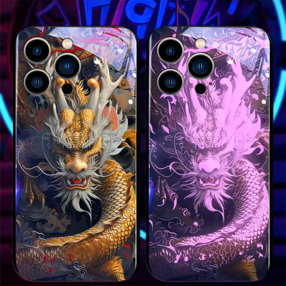 Chinesisches Seedrachen-Design, Sound-aktivierte LED-Blitzhüllen, leuchtende Glasabdeckung für iPhone Air 17 16 E 15 14 13 12 11 Pro Max Plus – Detail 13