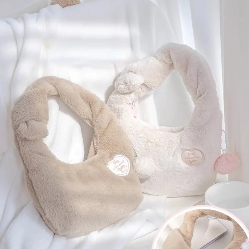 Xiuya Cute Plush Womens Handbag Cartoon Small Fluffy Kawaii Lolita Jk Casual Shoulder Bag New Fashion Exquisite Ladies Hobos Bag