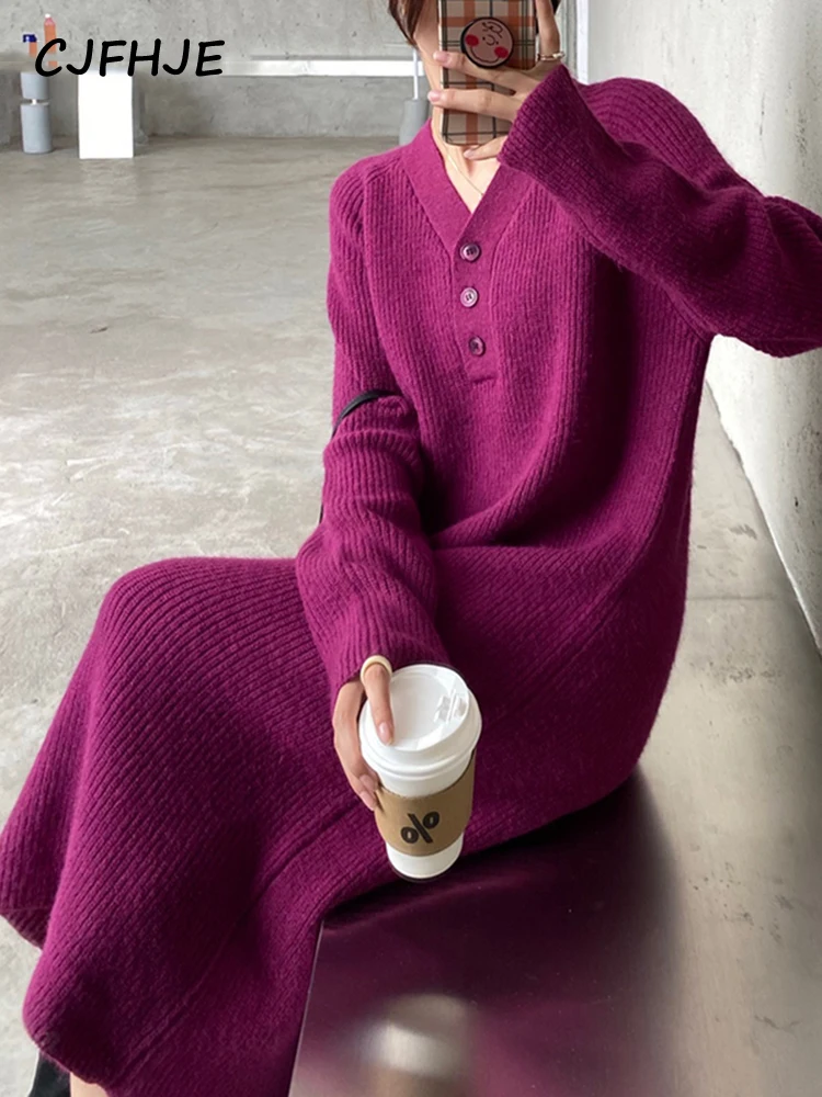 

CJFHJE Women's Casual V Neck Sweater Dress Winter Full Sleeve Straight Knitted Dresses Autumn New SolidMidi Length Black Dress