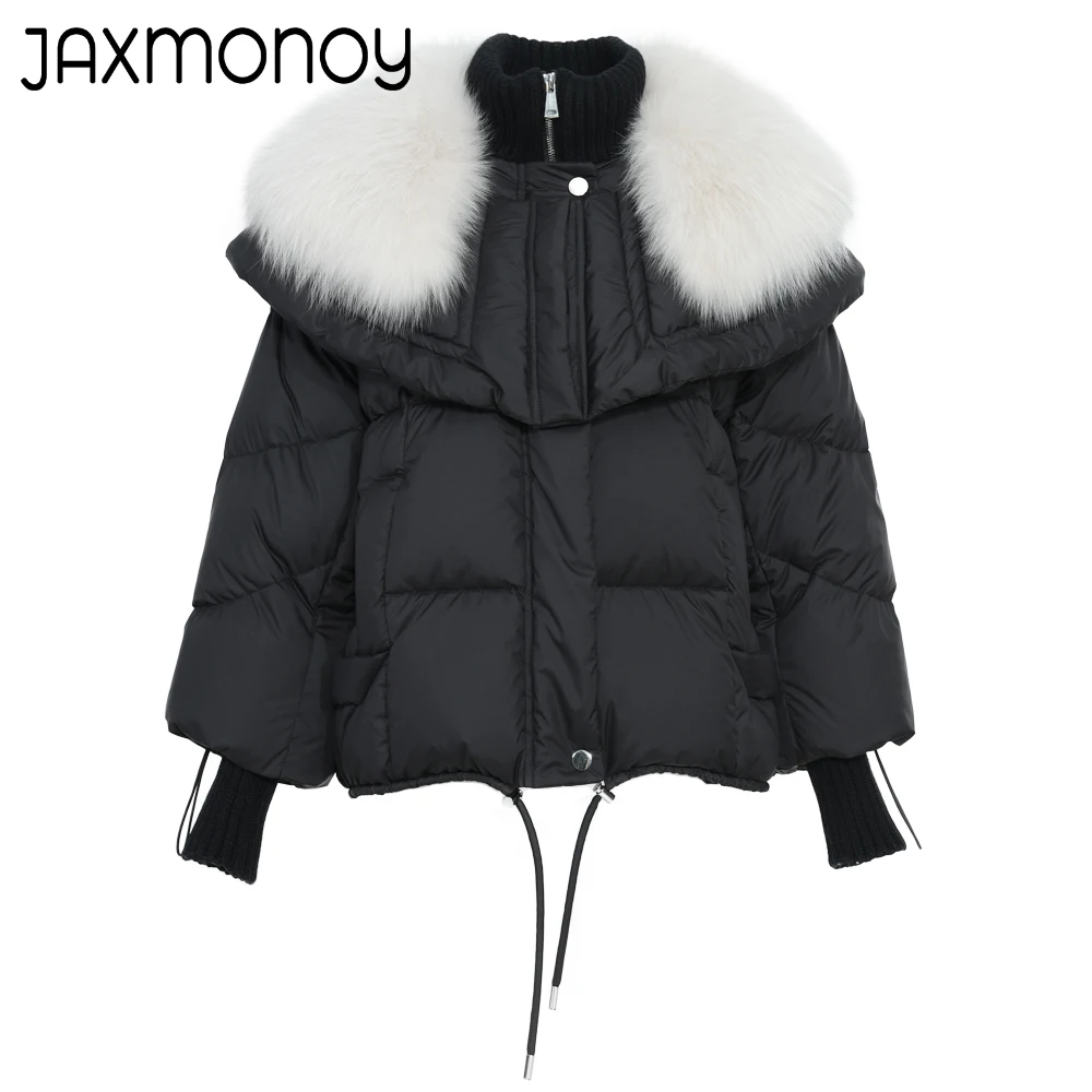 

Jaxmonoy Down Jacket Women Real Fox Fur Collar White Duck Down Coat Ladies Fashion Winter Full Sleeves Warm Jackets New Arrival