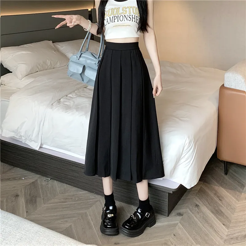 

Folds Casual Solid Slim Long Pleated Skirt Summer Kawaii Korean Fashion Skirts Spring Japanese Style Faldas New Womens Clothing