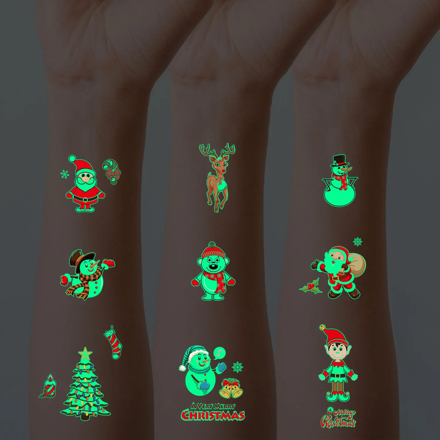 Tattoo Sticker 10 Sheets Christmas Luminous Cartoon Snowman Patterns Glow In The Dark Waterproof Temporary