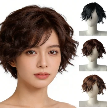 Parrucche sintetiche corte miste per capelli castani ondulati a strati con taglio pixie con frangia soffice per le donne Parrucche quotidiane in fibra resistente al calore