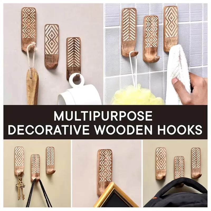 Non-Destructive Wood Wall Hooks - Adhesive Wall Hooks - Boho Decorative Wall Hooks 4