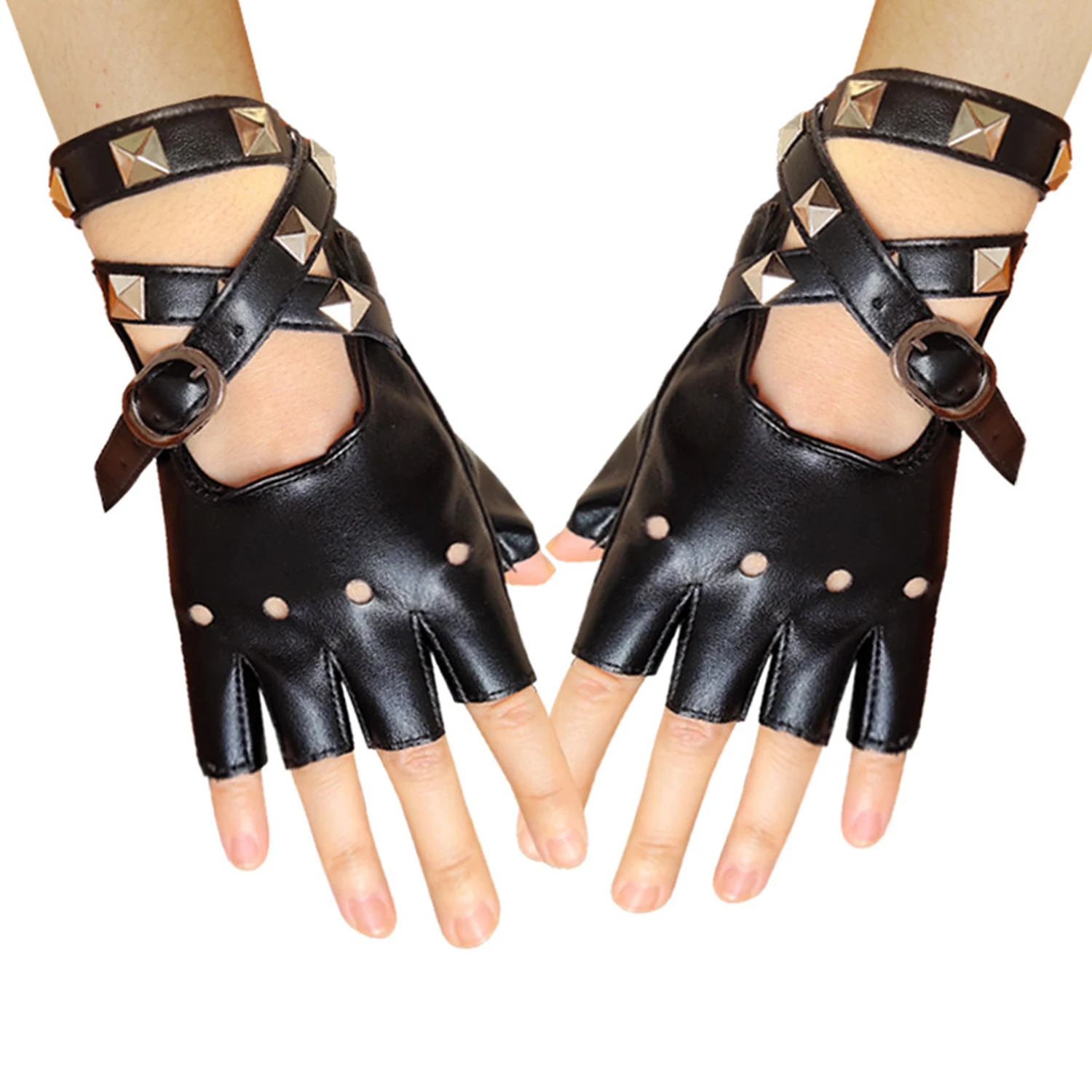 

1Pair Punk Gloves Artificial Leather Half-Finger Gloves Theatrical Hip-Hop Driving Performance Party Fingerless Mittens
