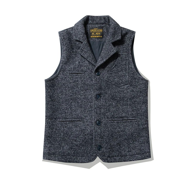 Amekaji Vintage Wool Waistcoat Men Winter New British Lapel Thick Double Layer Multi-pocket Suit Collar Vest Retro Cardigan Vest 6