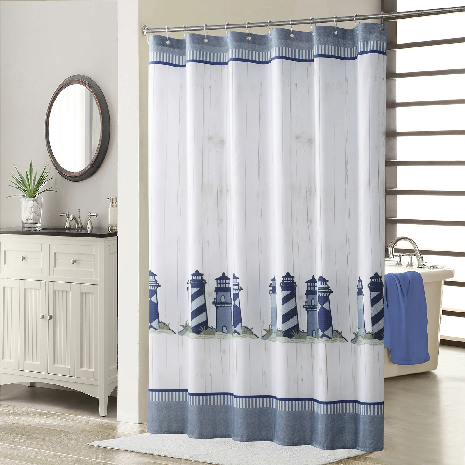

Lighthouse Gray Farmhouse Ocean Polyester Waterproof Fabric Modern Sailing Printed Decorative White Shower Curtain