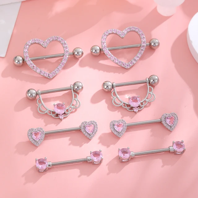 6 Paia Piercing Capezzoli 14G - Acciaio Inox 316L, Cuore, Farfalla, Luna, Fiore Con CZ - Foto 2