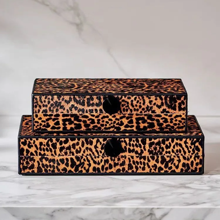 Leopard Print Storage Box Natural Horse Hair Desktop Storage Container Jewelry Case Marbling Rectangular Box Home Accessories