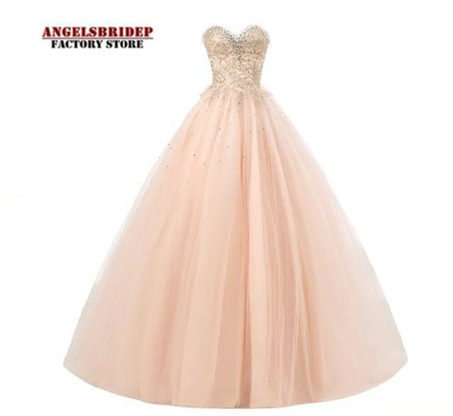 

ANGELSBRIDEP Pink Ball Gown Quinceanera Dresses Tulle Lace Up Crystals Appliques Masquerade Formal Vestidos Debutante Party