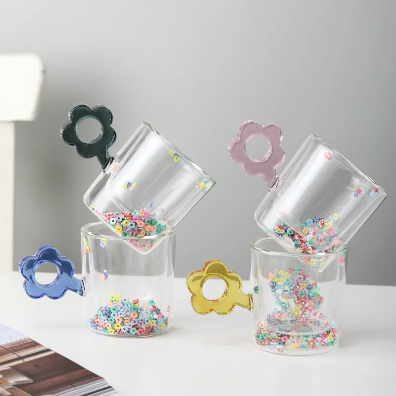 

250ml Double Wall Glass Mug Cup with Flower Glitters Inside and Flower Shaped Handle For Coffee Water Milk Juice Heat Insulation