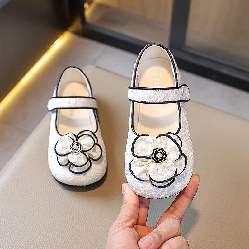 Girl's Mary Janes Spring Flower Pu Leather Matte Sweet Children Leather Shoe 26-36 Two Colors Chic Shallow Kids Flat Shoe21-35