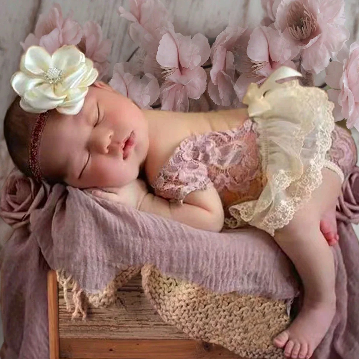 

Newborn Photography Props 2 Pieces Set Dusty Pink Newborn Girl Photo Shooting Outfits Cute Baby Lace Romper Infant Photography