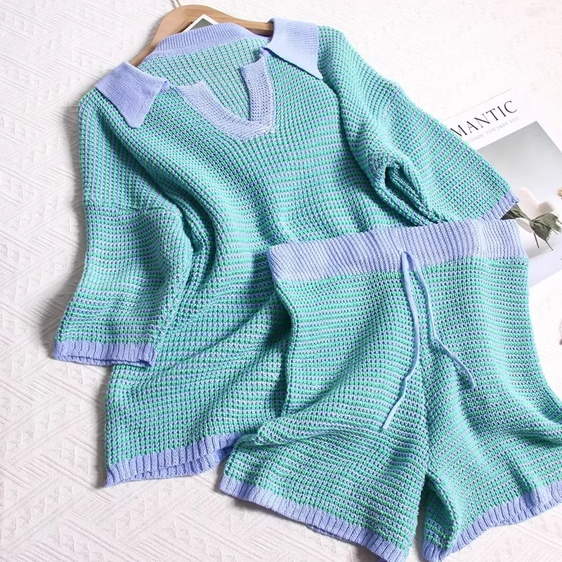 Pink Stripe Knitted Short Sleeve Top and Drawstring Shorts Set main image 0