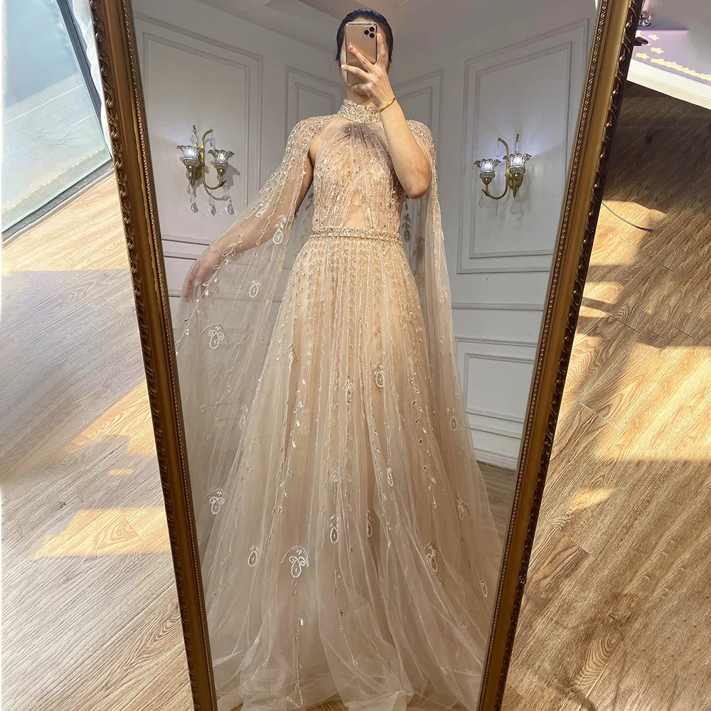 Serene Hill Dubai Arabic Luxury Nude A Line Beaded Evening Dresses With Cape Sleeves Gowns For Women  Wedding Party 2023 LA71803