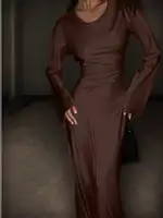 Women's Bespoke Satin Maxi Dress with Corset Waist Tie Classic Round Neck & Dramatic Flared Sleeves Luxury Evening Dress - Image 2