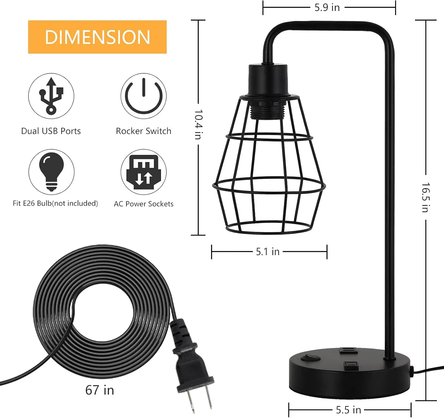 Edison 2-piece bedside table reading desk lamp with dual USB charging ports and sockets 2