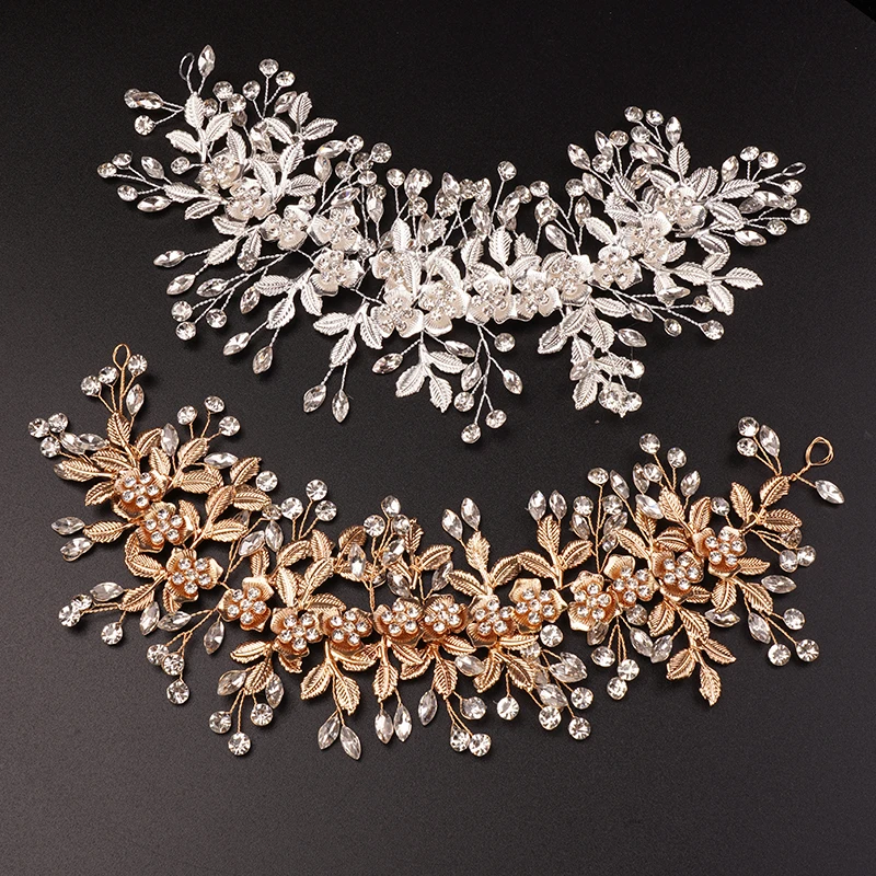 Silver Gold Flower Leaf Bridal Headpieces Wedding Rhinestones Headband Bride Hair Pieces Crystal Flower Girl Hair Accessories