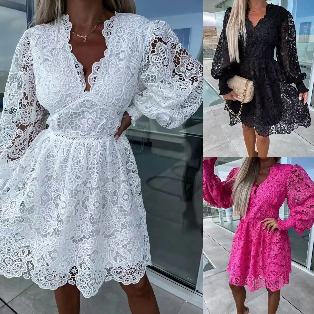 

Women Sexy Dress Lace Hollow Long Sleeve V-necl Spring Summer Office Lady Elegant New Fashion Zipper Short Clothing Lugentolo