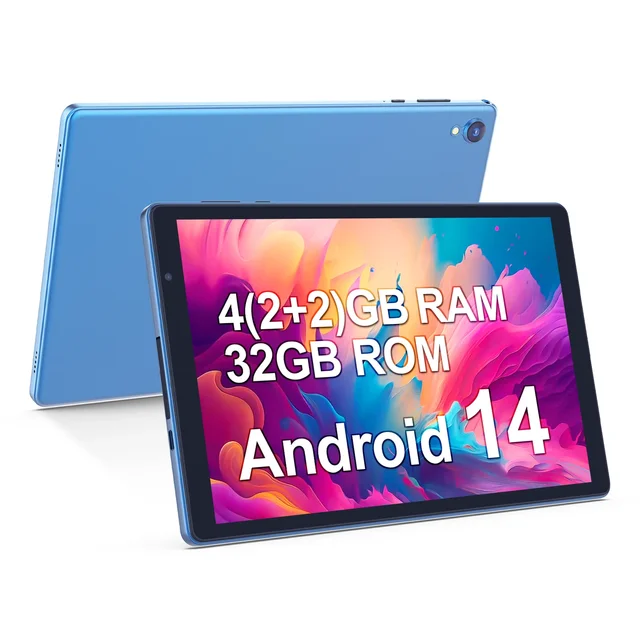 Android 14 Tablet, 10-inch HD display, GMS certified, quad-core processor, 4 (2+2) GB RAM, 32GB internal storage, supports WiFi