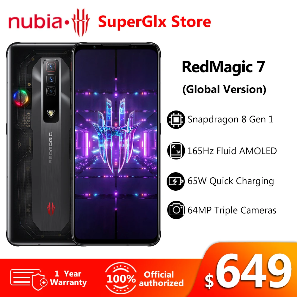 Global Version RedMagic 7 5G Gaming Phone 6.8'' 165Hz AMOLED Snapdragon 8 Gen 1 Octa Core 65W Fast Charging 64MP Triple Camera top rated 5g cell phones