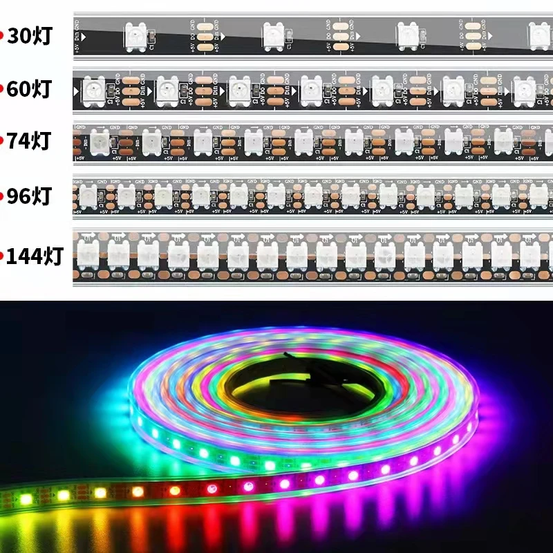 

5m/lot DC5V WS2812 5050 RGB Pixel Strip Tape Individuaily Addressable LED Lights 30/60/74/96/144 Pixels/m IP30/65/67 For TV Room