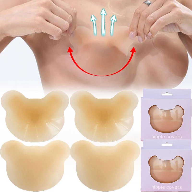 

2pcs with Box Silicone Bear Ear Pull Chest Patch Women Reusable Nipple Cover Breast Little Invisible Adhesive Bra Pads Stickers