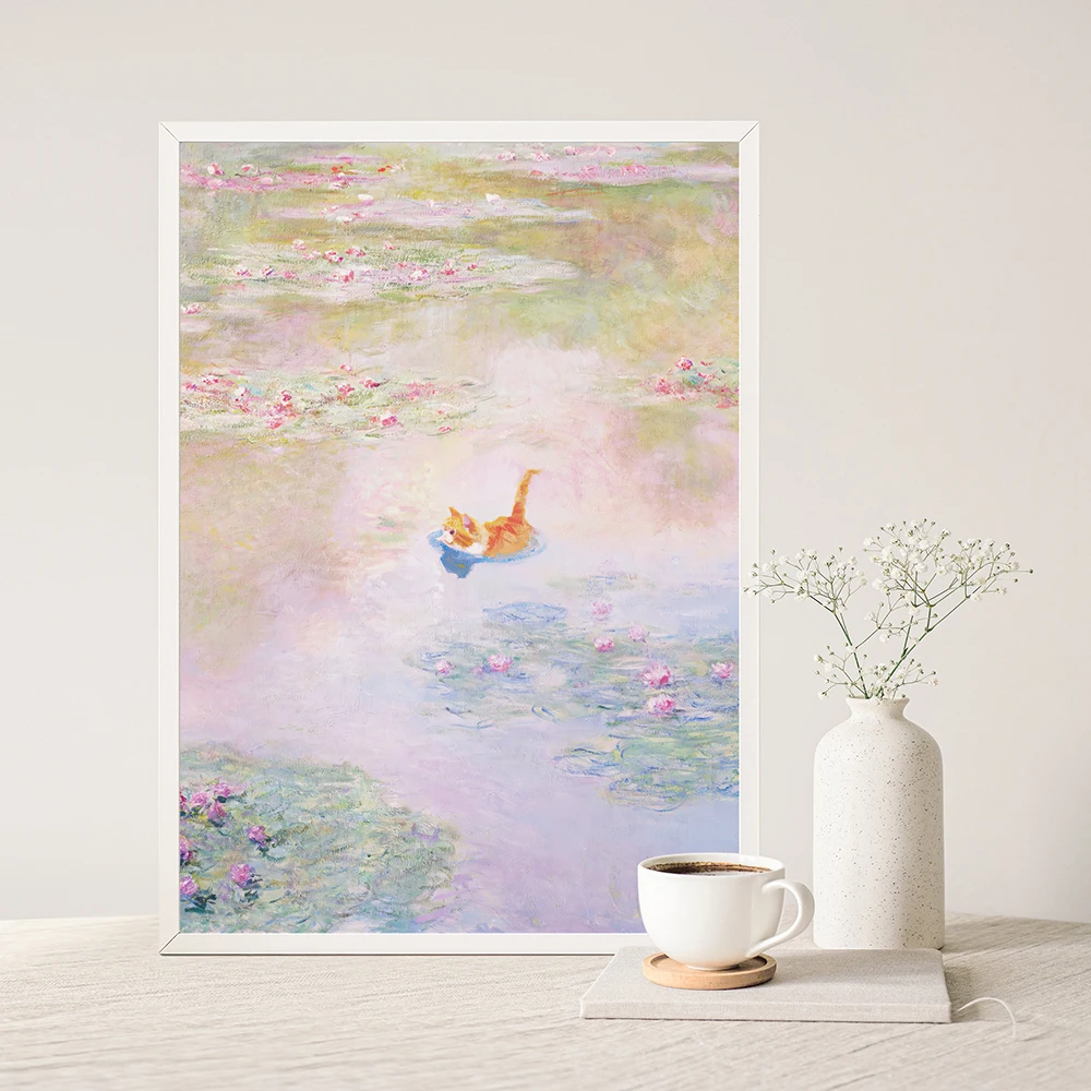 Claude Monet Water Lily Pond Cat Funny Poster Orange Cat Stampe Floreali Vintage Canvas Painting Wall Art Home Decor No Frame